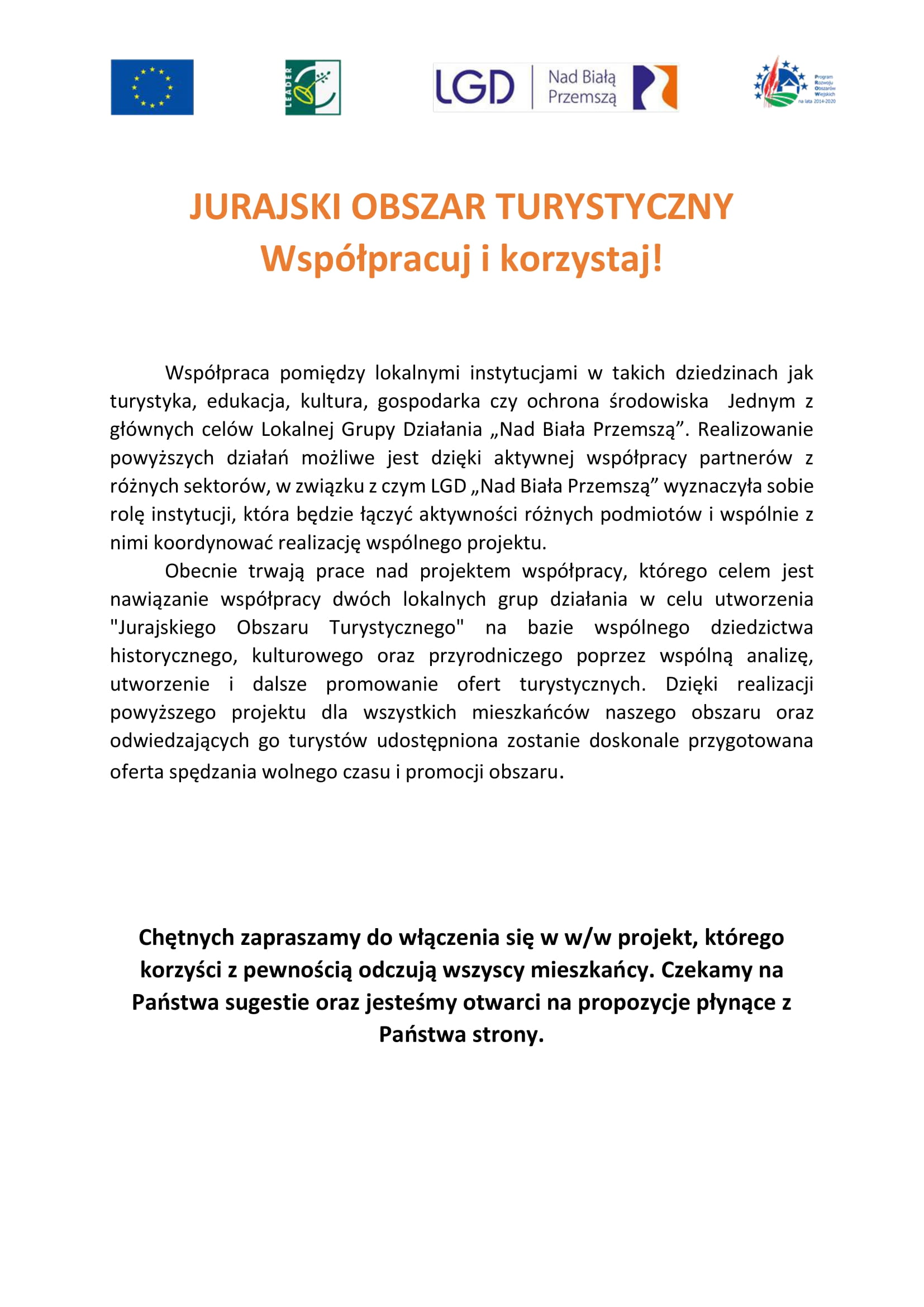 JURAJSKI OBSZAR TURYSTYCZNY Współpracuj i korzystaj!